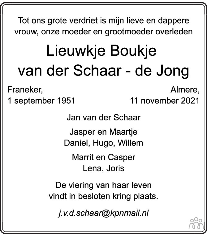 Overlijdensbericht van Lieuwkje Boukje van der Schaar-de Jong in de Volkskrant