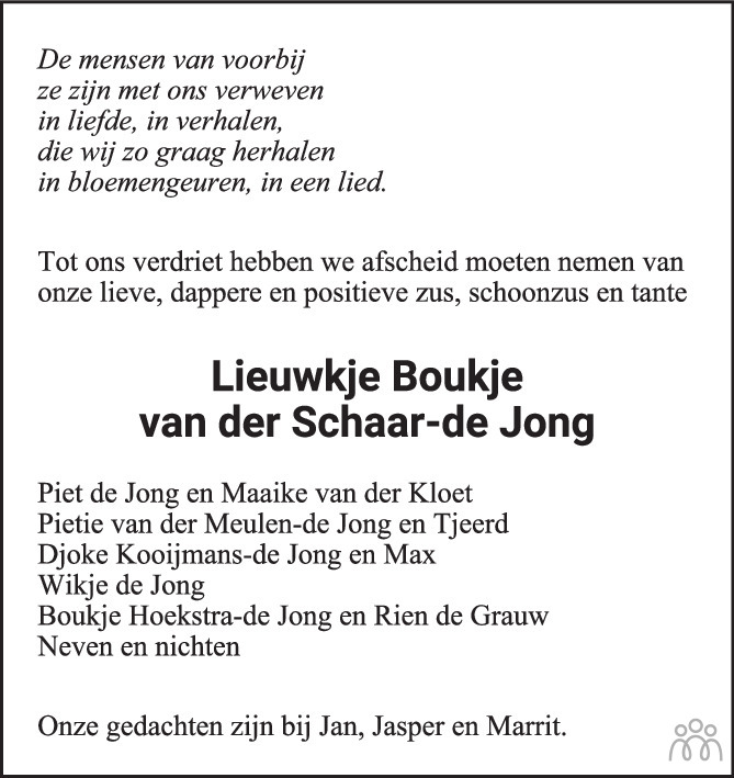 Overlijdensbericht van Lieuwkje Boukje van der Schaar-de Jong in de Volkskrant