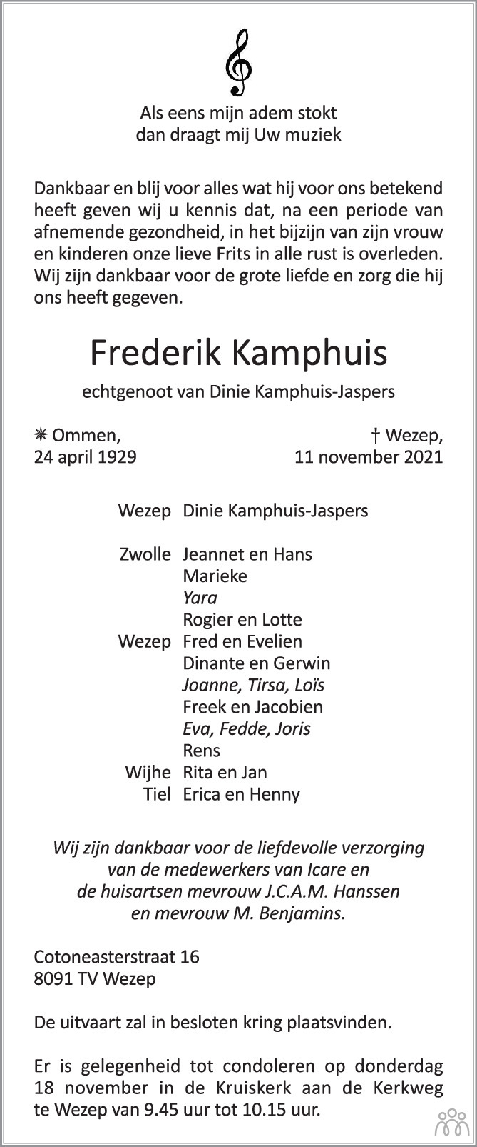 Overlijdensbericht van Frederik Kamphuis in de Stentor