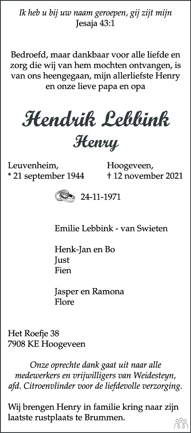 Overlijdensbericht van Hendrik (Henry) Lebbink in de Stentor