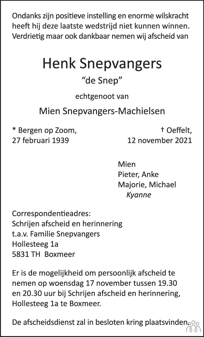 Overlijdensbericht van Henk Snepvangers in de Gelderlander