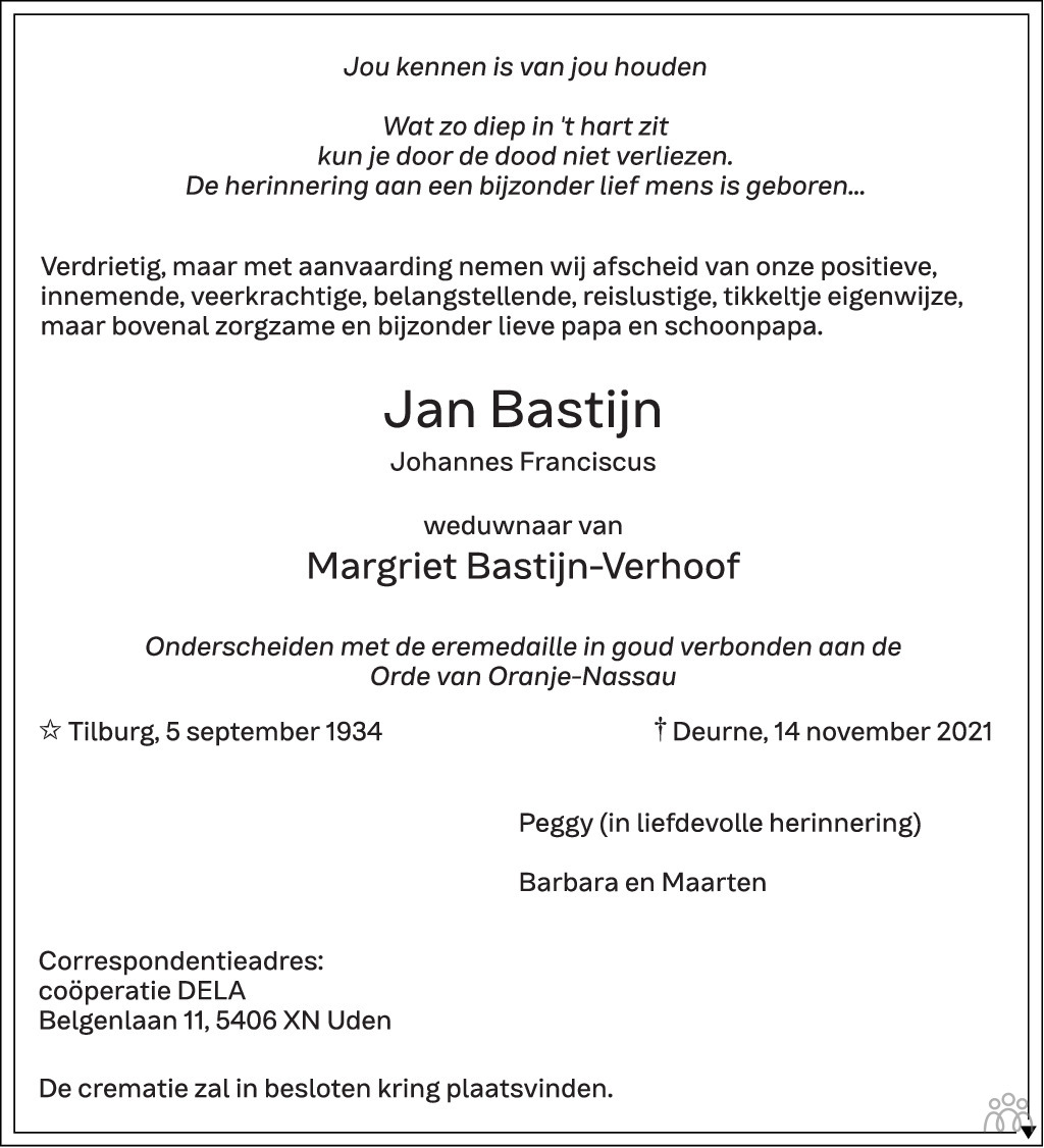 Overlijdensbericht van Jan Bastijn in Eindhovens Dagblad