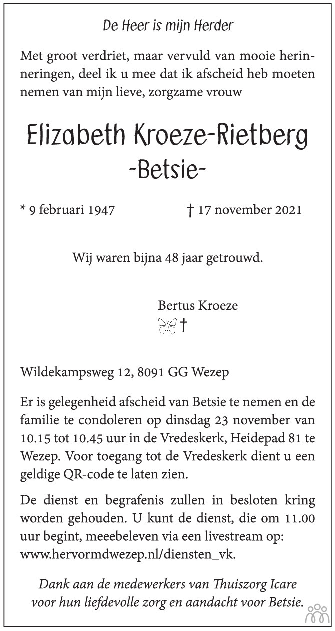 Overlijdensbericht van Elizabeth (Betsie) Kroeze-Rietberg in de Stentor