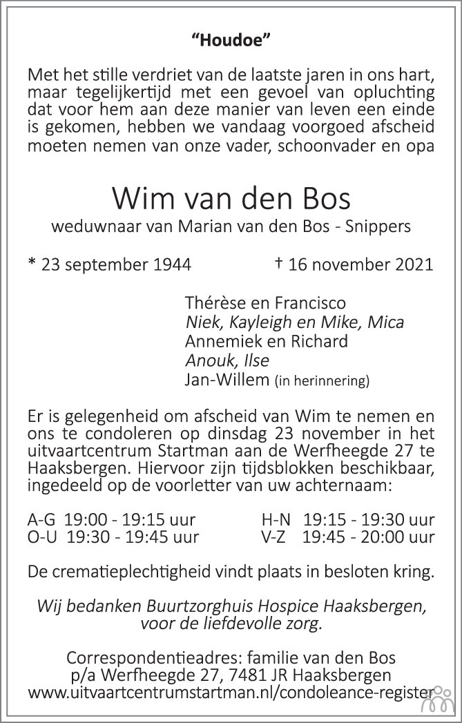 Wim van den Bos 16112021 overlijdensbericht