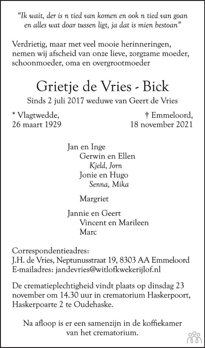 Overlijdensbericht van Grietje de Vries-Bick in de Stentor