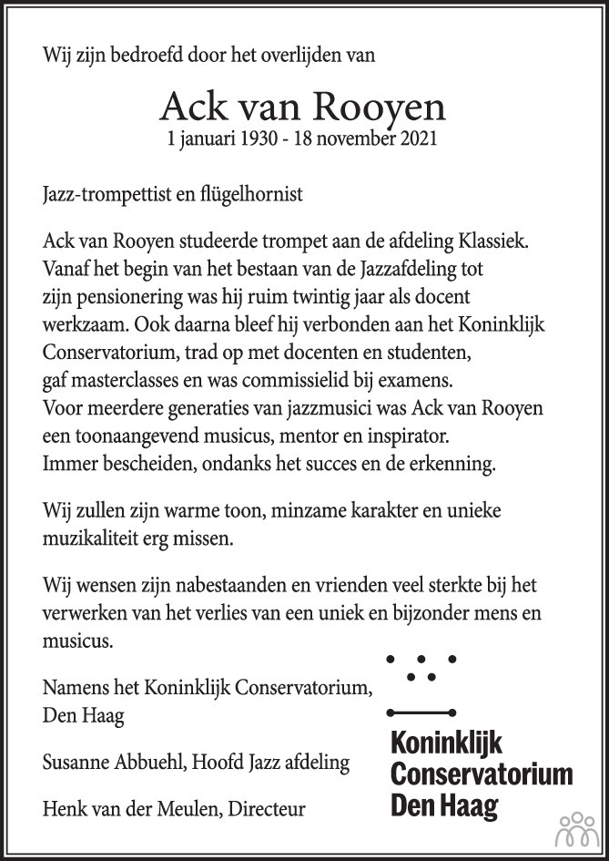 Overlijdensbericht van Ack van Rooyen in de Volkskrant