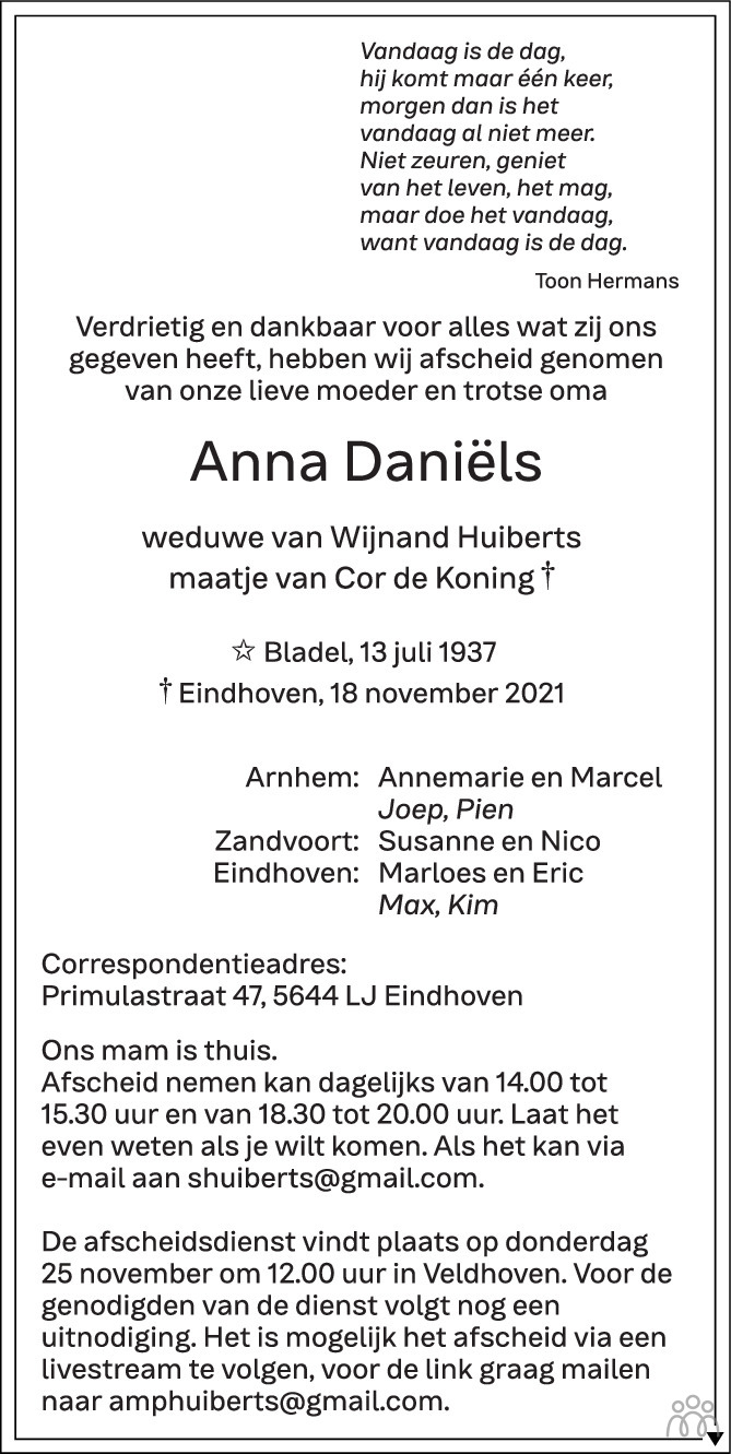 Overlijdensbericht van Anna Daniëls in Eindhovens Dagblad
