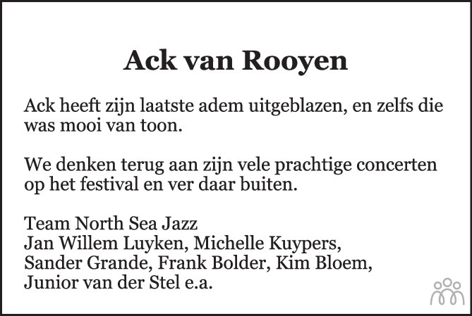 Overlijdensbericht van Ack van Rooyen in de Volkskrant