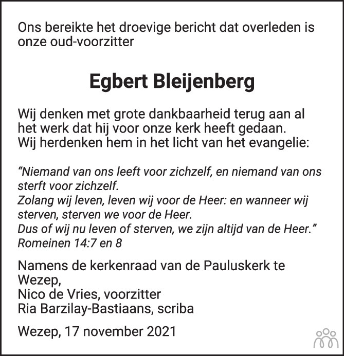 Overlijdensbericht van Egbert Bleijenberg in de Stentor