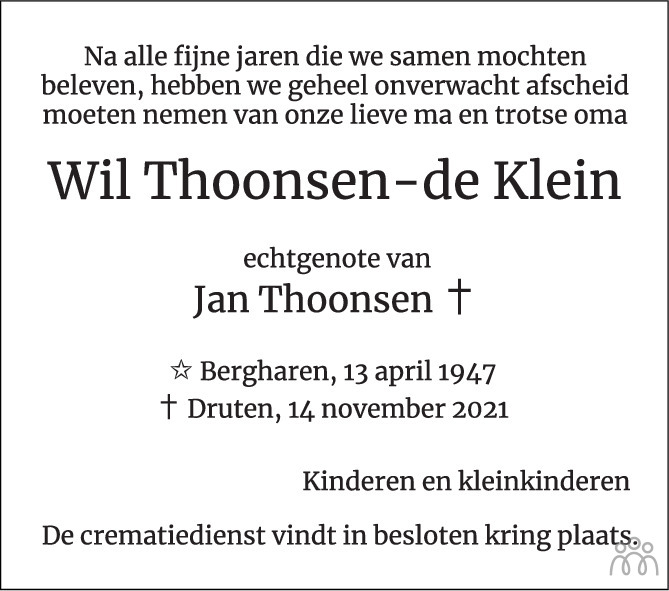 Overlijdensbericht van Wil Thoonsen-de Klein in de Gelderlander