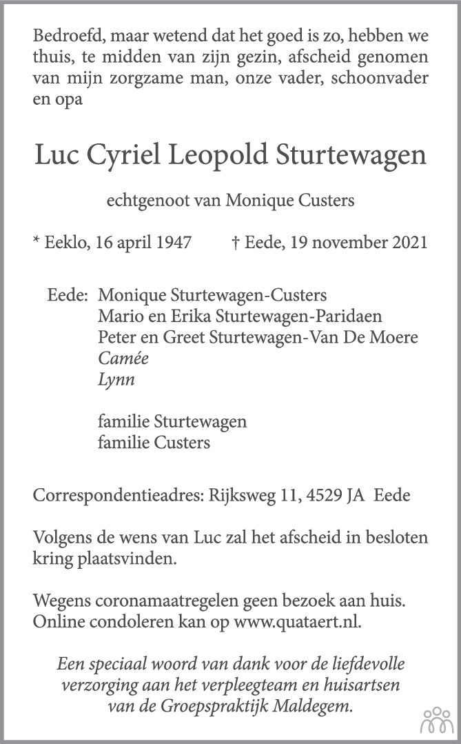 Overlijdensbericht van Luc Cyriel Leopold Sturtewagen in PZC Provinciale Zeeuwse Courant