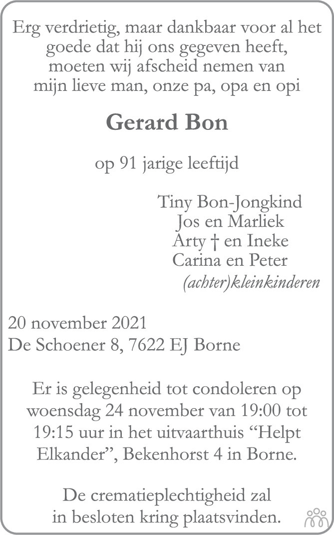 Overlijdensbericht van Gerard Bon in Tubantia