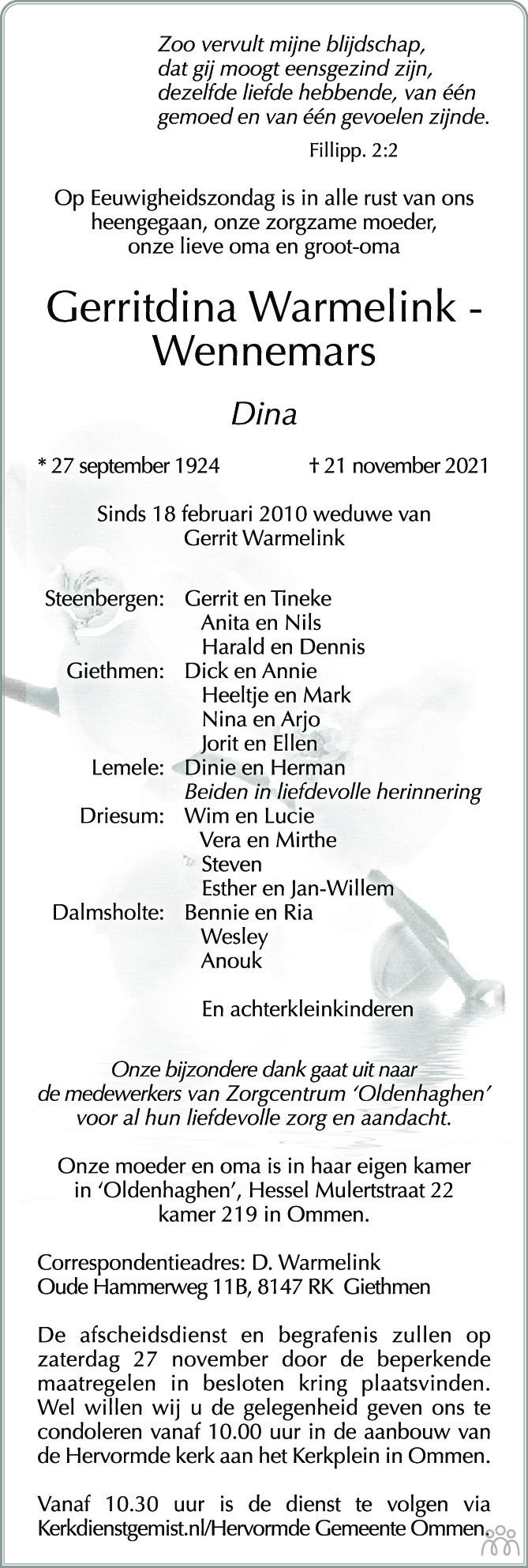 Overlijdensbericht van Gerritdina (Dina) Warmelink-Wennemars in de Stentor
