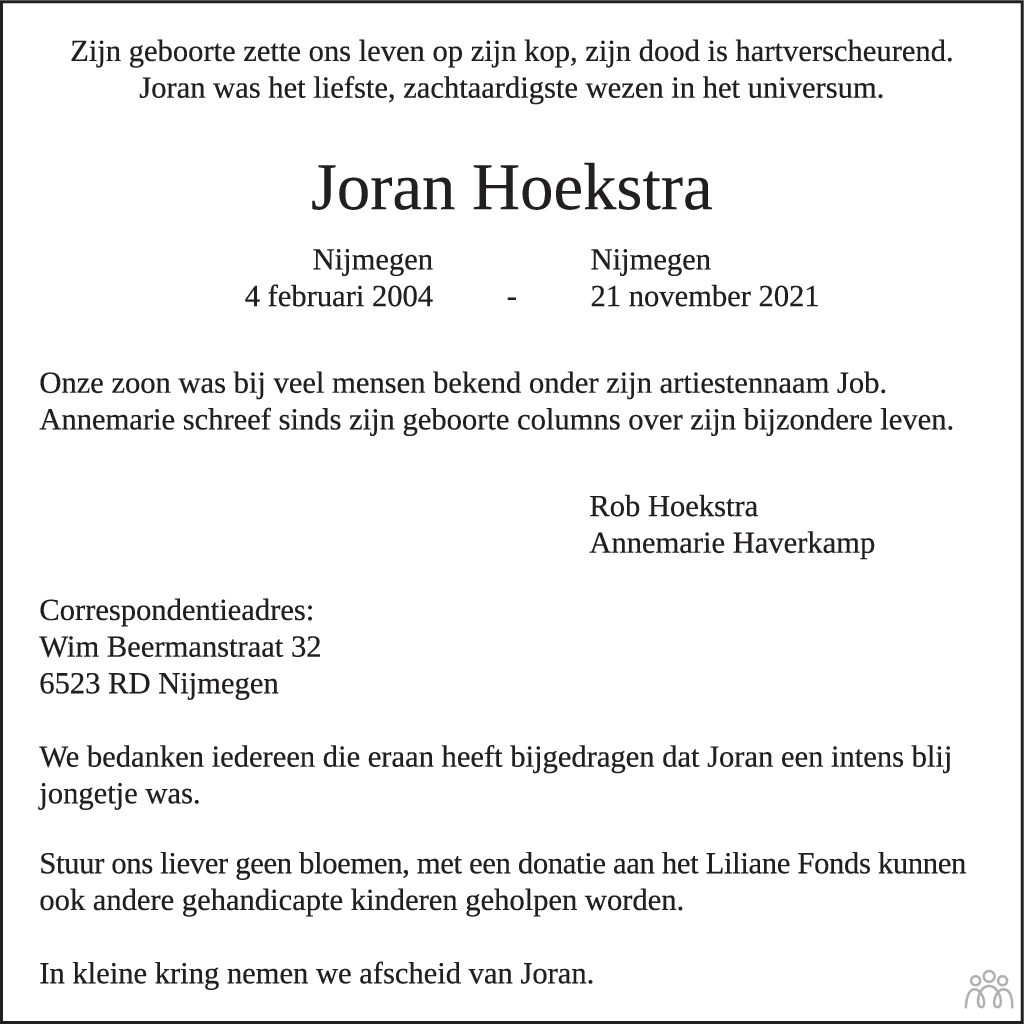 Overlijdensbericht van Joran Hoekstra in AD Algemeen Dagblad