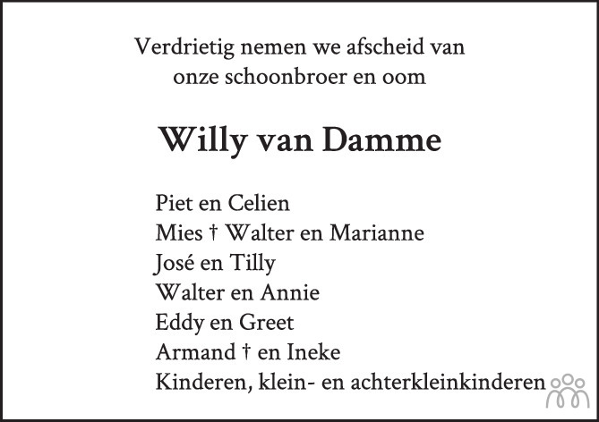 Overlijdensbericht van Willy Constantinus van Damme in PZC Provinciale Zeeuwse Courant