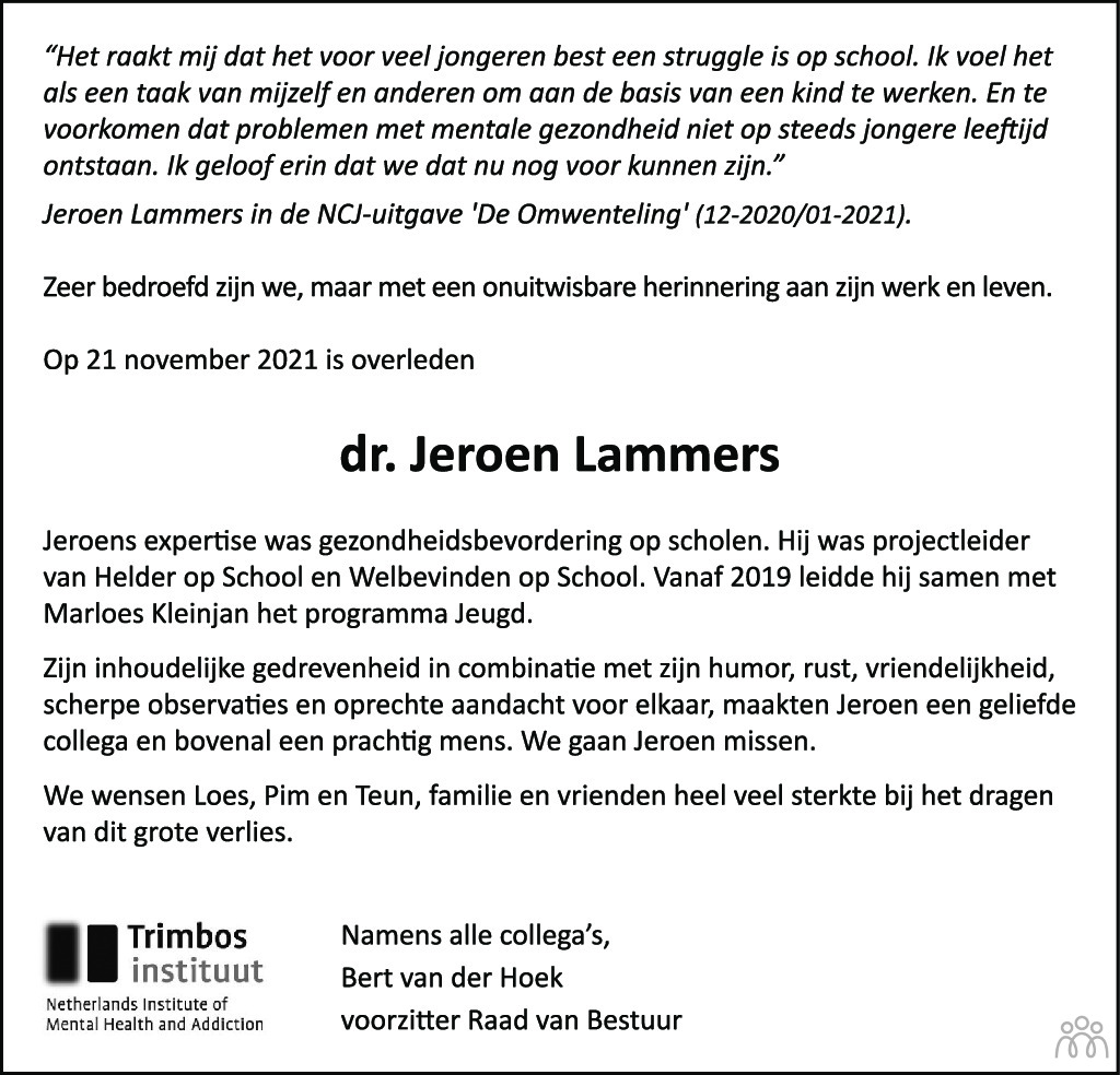 Jeroen Lammers 21112021 overlijdensbericht en condoleances