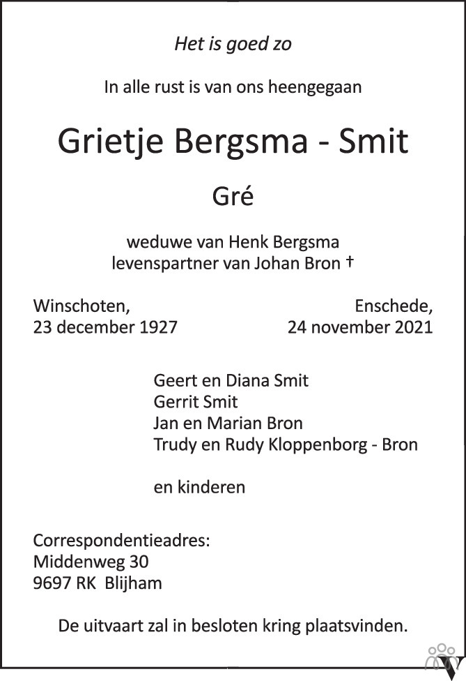 Overlijdensbericht van Grietje (Gré) Bergsma-Smit in Tubantia