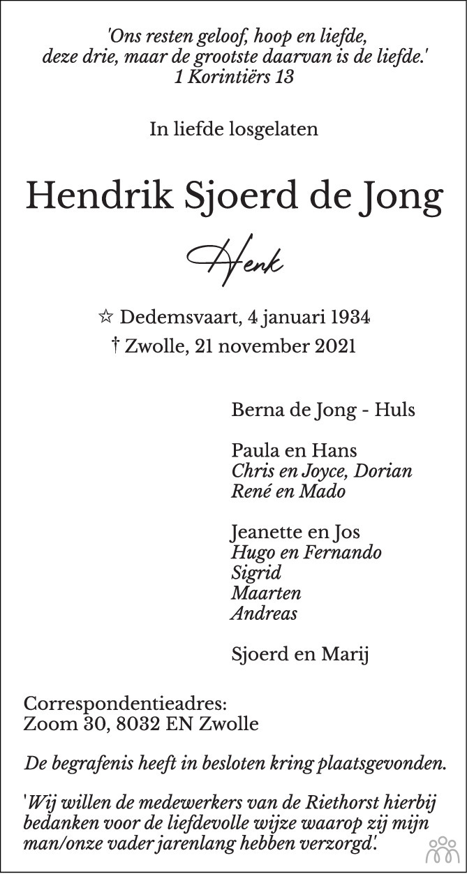 Overlijdensbericht van Hendrik Sjoerd (Henk) de Jong in de Stentor