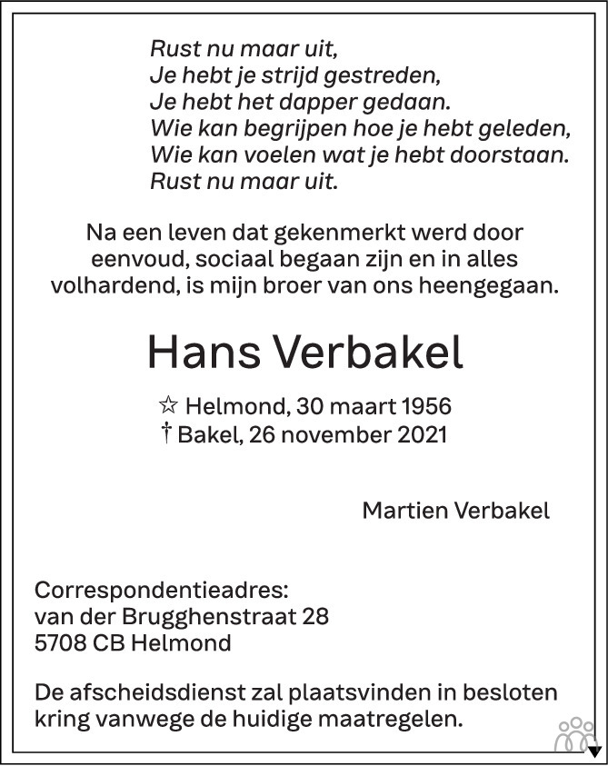 Overlijdensbericht van Hans Verbakel in Eindhovens Dagblad