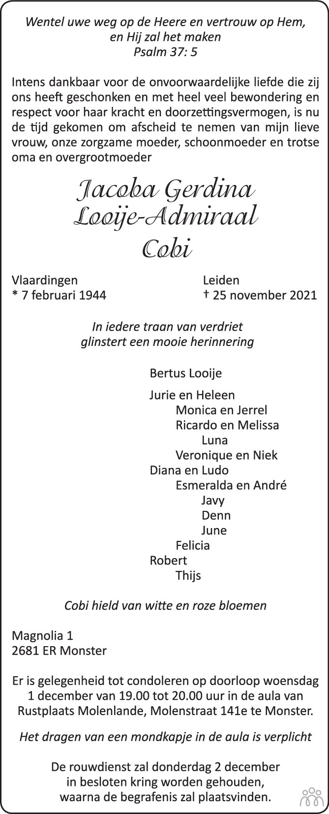 Overlijdensbericht van Jacoba Gerdina (Cobi) Looije-Admiraal in AD Algemeen Dagblad
