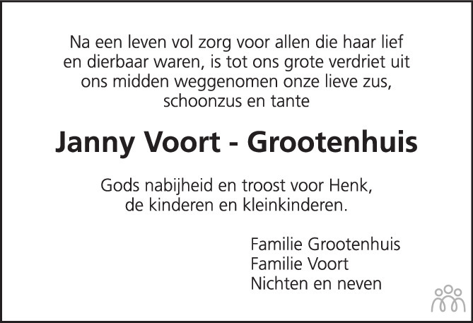 Overlijdensbericht van Janny Voort-Grootenhuis in Tubantia