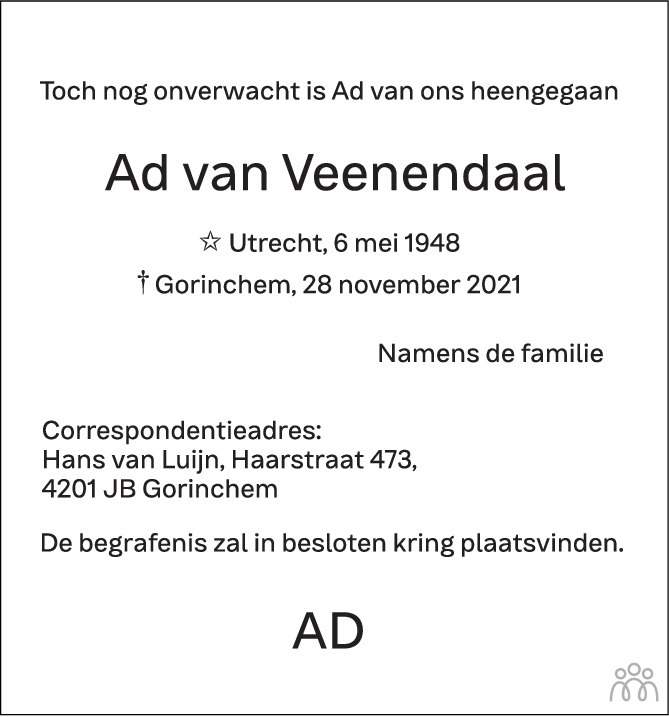 Overlijdensbericht van Ad van Veenendaal in AD Algemeen Dagblad