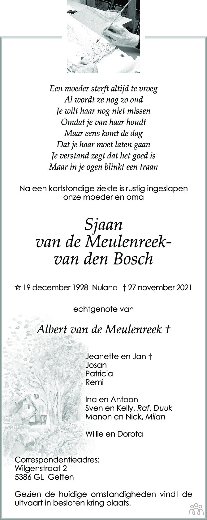 Overlijdensbericht van Sjaan van de Meulenreek-van den Bosch in Brabants Dagblad