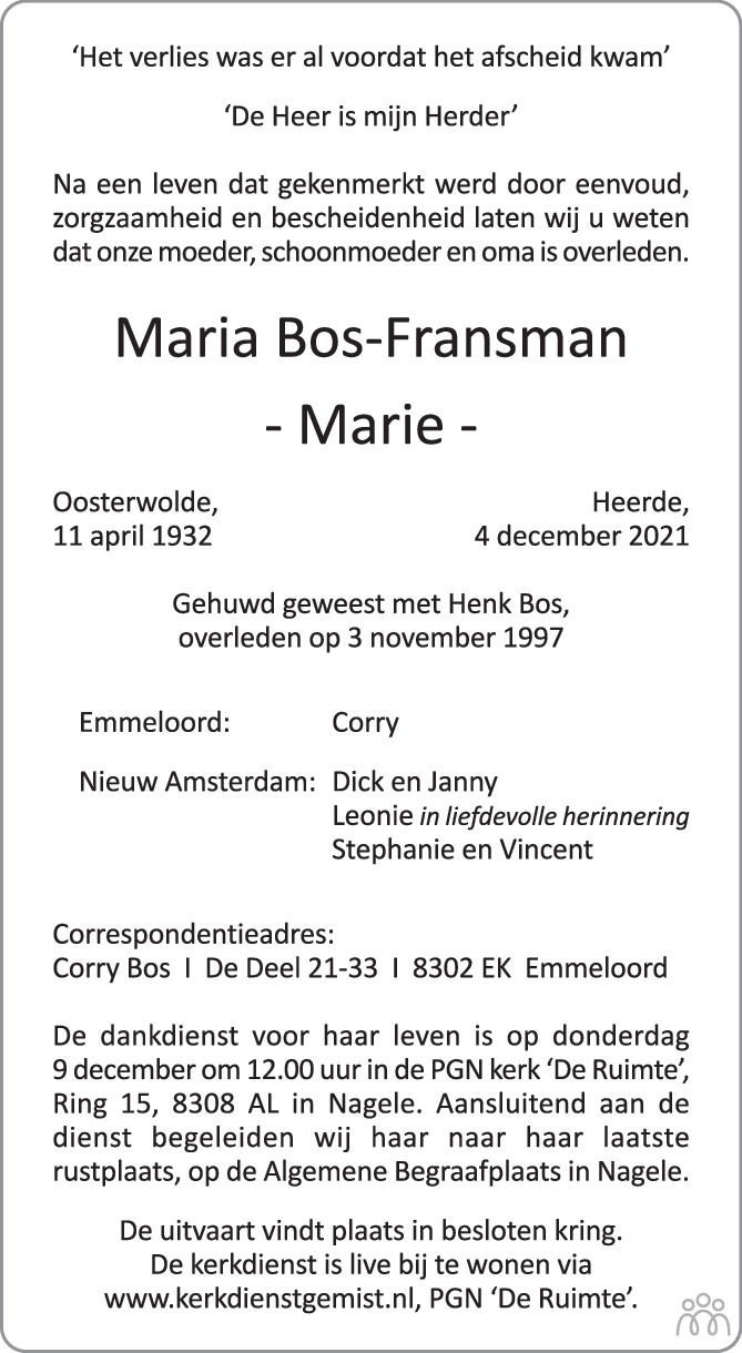Overlijdensbericht van Maria (Marie) Bos-Fransman in de Stentor