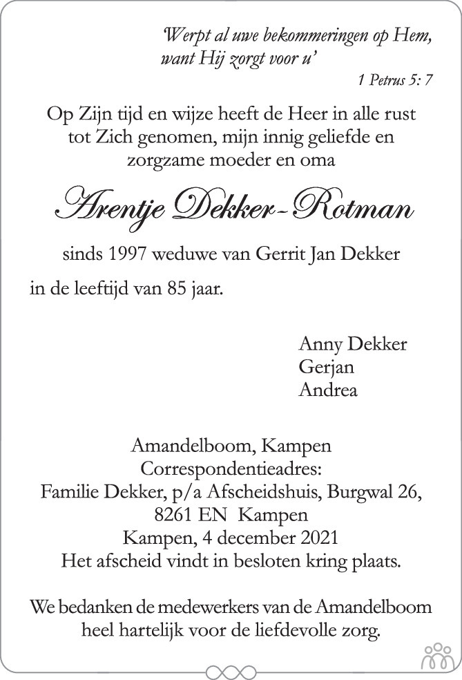 Overlijdensbericht van Arentje Dekker-Rotman in de Stentor