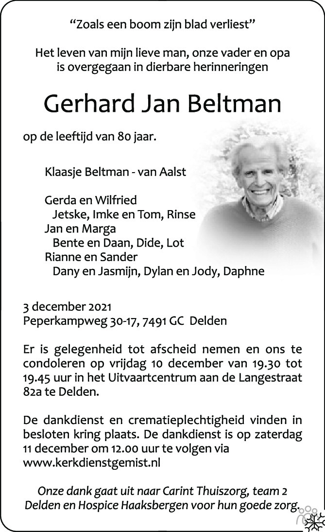 Overlijdensbericht van Gerhard Jan Beltman in Tubantia