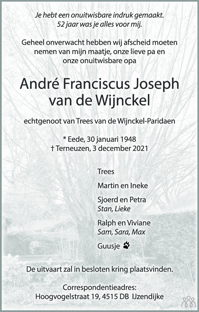 Overlijdensbericht van André Franciscus Joseph van de Wijnckel in PZC Provinciale Zeeuwse Courant