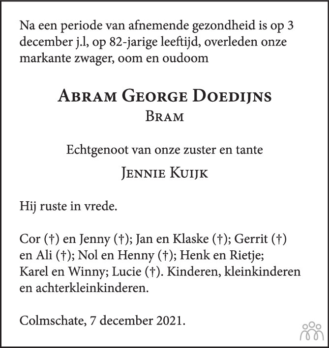 Overlijdensbericht van Abram George Doedijns in de Stentor