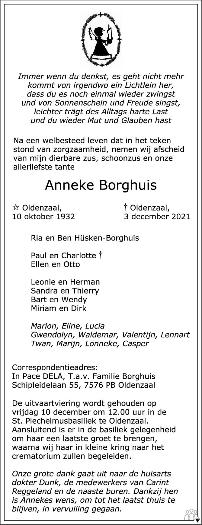 Overlijdensbericht van Anneke Borghuis in Tubantia