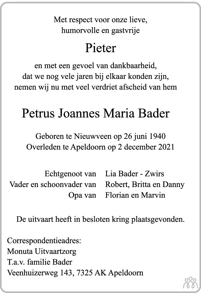 Overlijdensbericht van Petrus Joannes Maria Bader in de Stentor