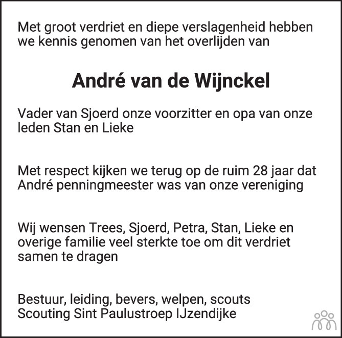 Overlijdensbericht van André Franciscus Joseph van de Wijnckel in PZC Provinciale Zeeuwse Courant