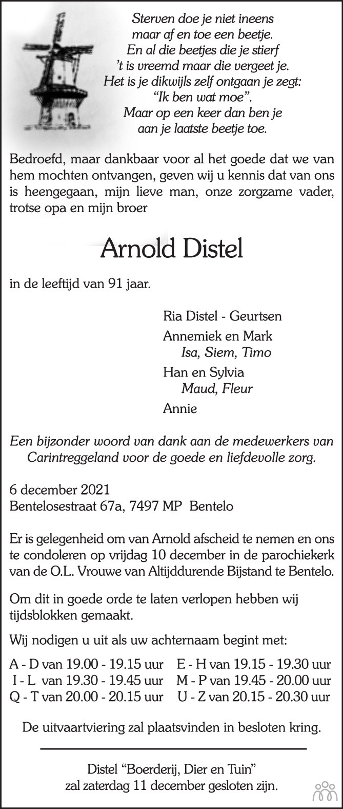 Overlijdensbericht van Arnold Distel in Tubantia