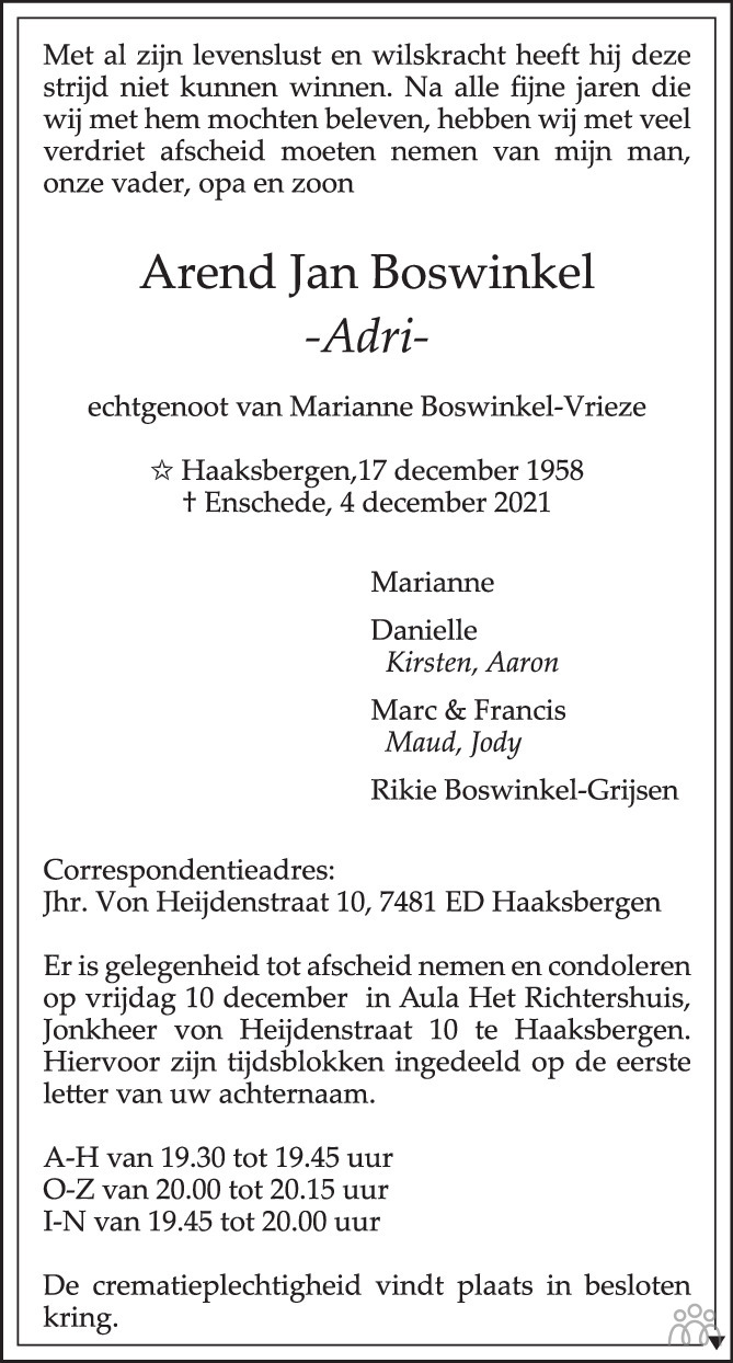 Overlijdensbericht van Arend Jan (Adri) Boswinkel in Tubantia