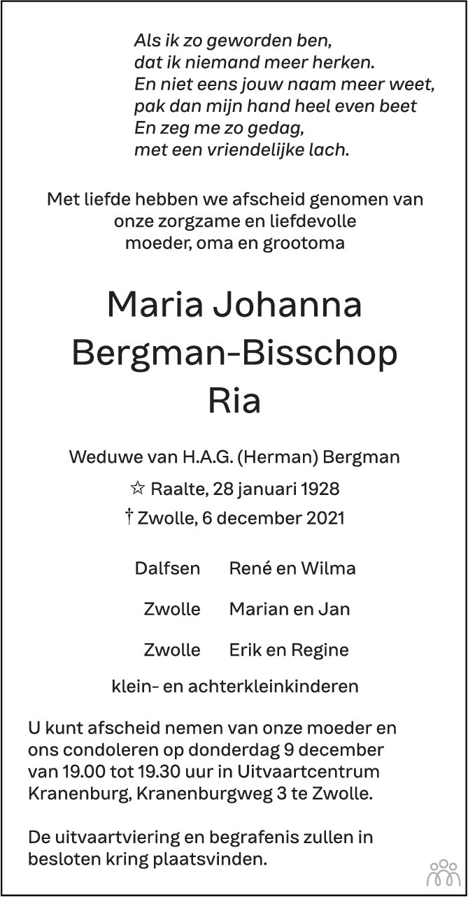 Overlijdensbericht van Maria Johanna (Ria) Bergman-Bisschop in de Stentor
