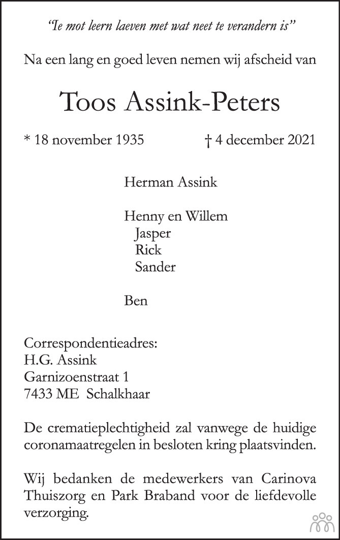 Overlijdensbericht van Toos Assink-Peters in de Stentor