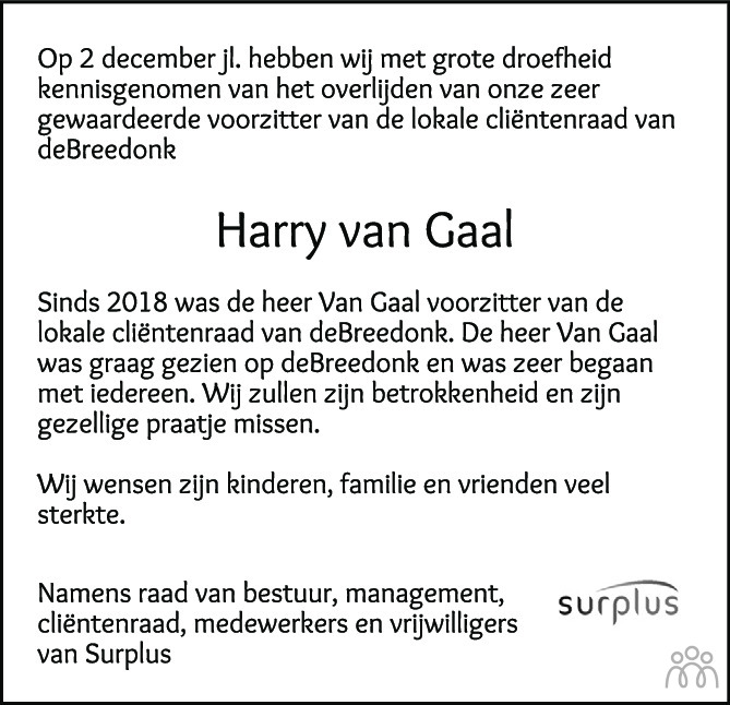 Overlijdensbericht van Harry van Gaal in BN DeStem