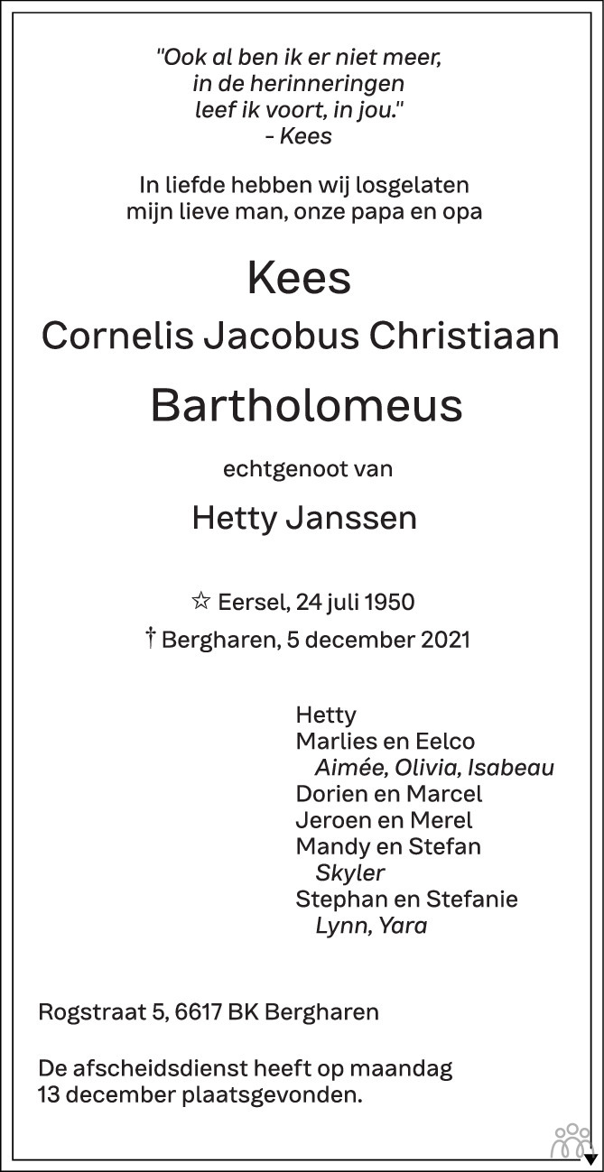 Overlijdensbericht van Kees (Cornelis Jacobus Christiaan) Bartholomeus in de Gelderlander