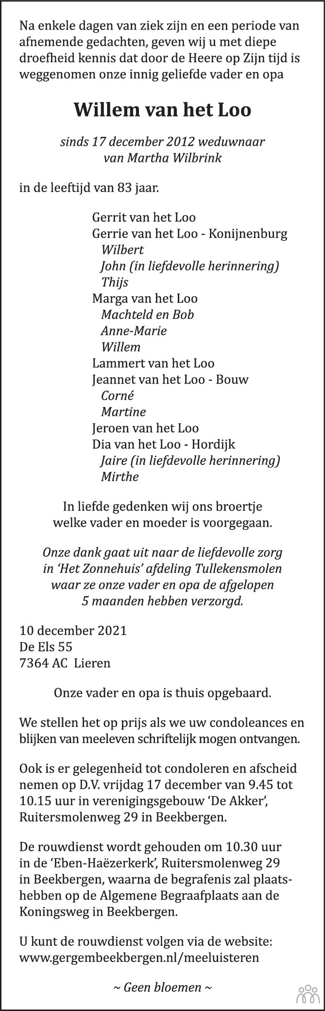 Willem van het Loo 10-12-2021 overlijdensbericht en condoleances ...