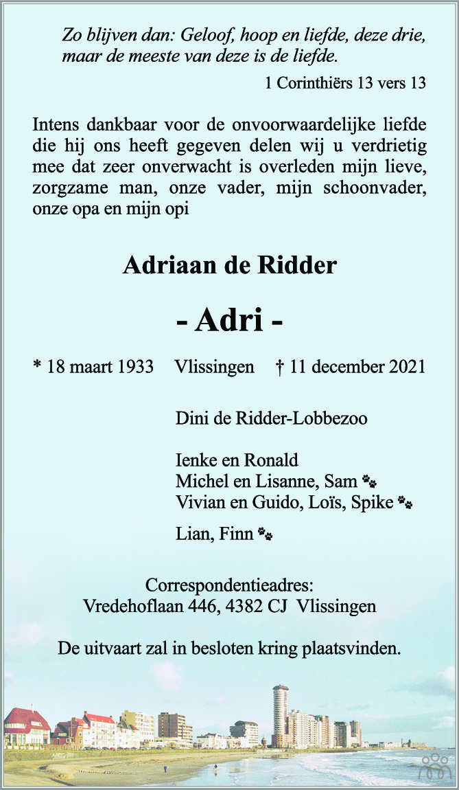 Adriaan (Adri) de Ridder 11122021 overlijdensbericht en condoleances