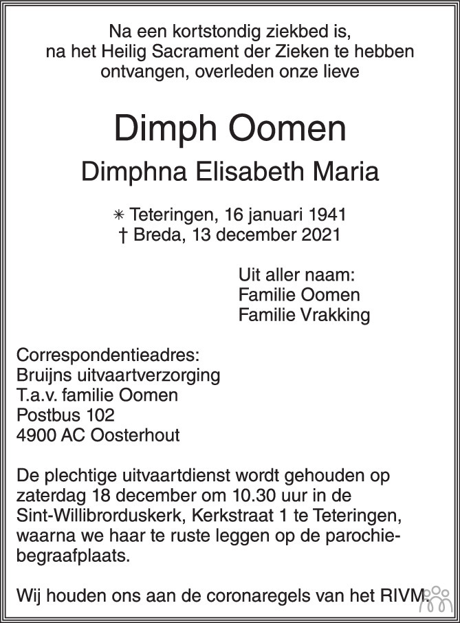 Overlijdensbericht van Dimph (Dimphna Elisabeth Maria) Oomen in BN DeStem