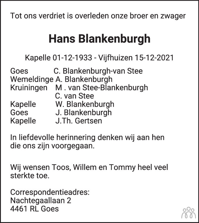 Overlijdensbericht van Hans Blankenburgh in PZC Provinciale Zeeuwse Courant