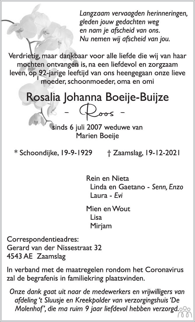 Overlijdensbericht van Rosalia Johanna (Roos) Boeije-Buijze in PZC Provinciale Zeeuwse Courant