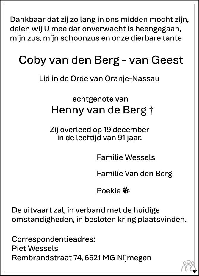 Coby van den Berg-van Geest 19-12-2021 overlijdensbericht en ...