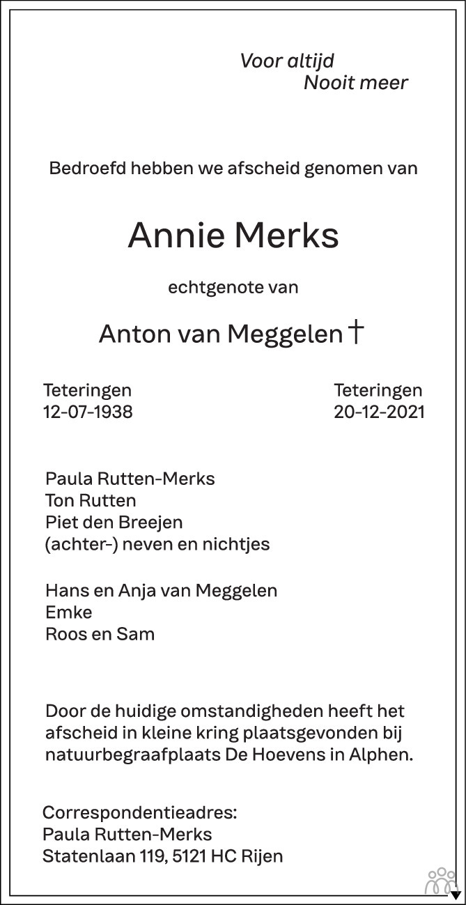 Overlijdensbericht van Annie Merks in BN DeStem