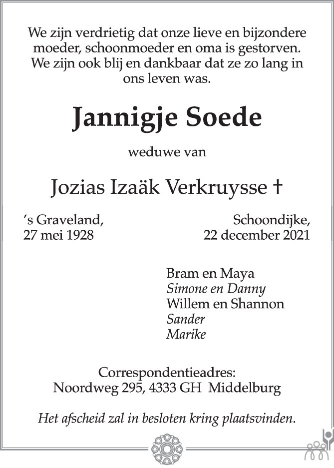 Overlijdensbericht van Jannigje Verkruysse-Soede in PZC Provinciale Zeeuwse Courant