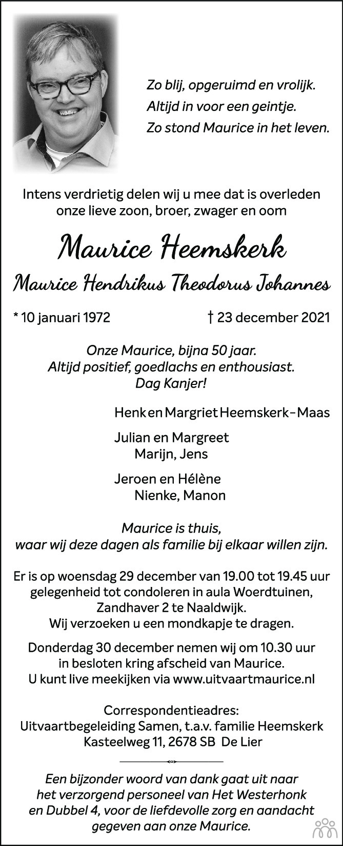 Maurice Hendrikus Theodorus Johannes Heemskerk 23 12 2021 Overlijdensbericht En Condoleances